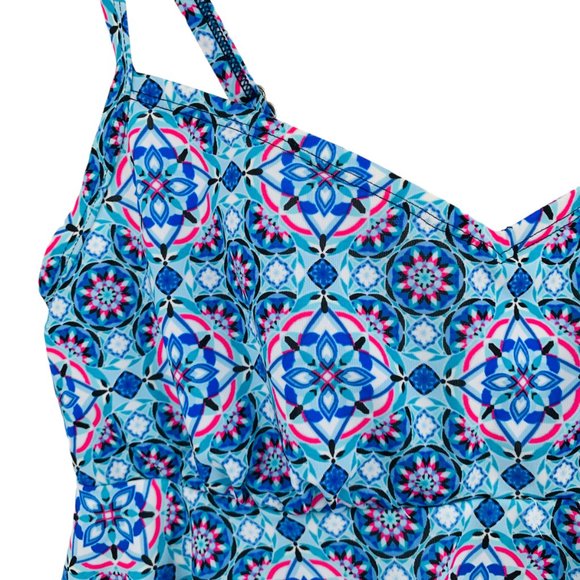 Christina Tankini Womens 10 Blue Pink White Adjustable Built In Shelf Bra Ruffle - Picture 2 of 9